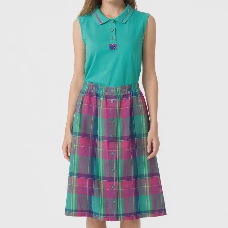 80s Vintage Plaid 2 Piece Skirt Set Womens XS Sleeveless Teal Pink Golf Polo 2
