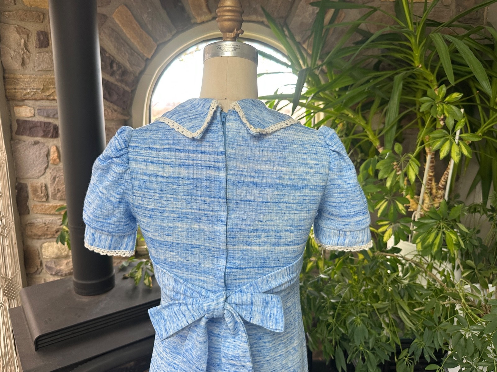 Vintage 1970s Blue and White Variegated Knit and Lace Baby Doll Maxi Dress