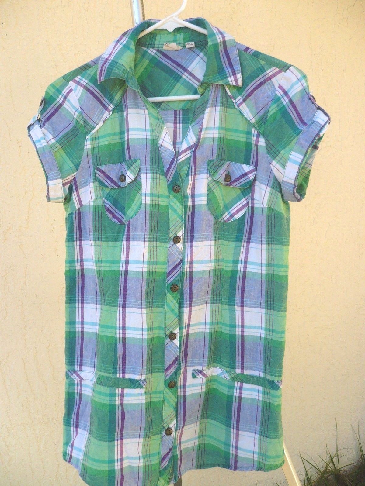 ST PATRICK’S DAY GREEN PURPLE BUTTON DOWN CUFFED SS SHIRT S WOMEN R M JR BLOUSE