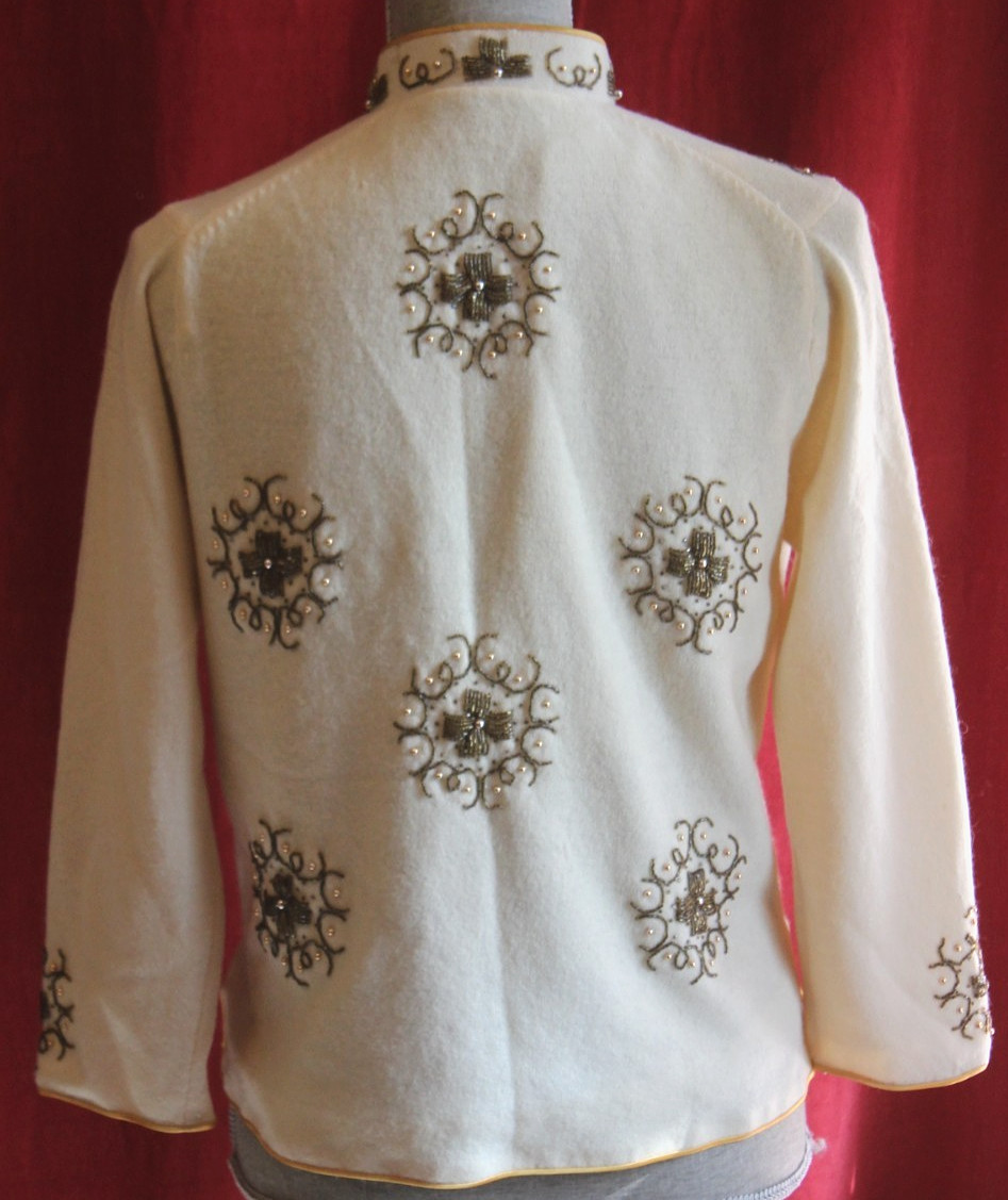 Vtg 60s Beaded Sweater Cardigan Mandarin Collar sz 4 Ivory Gold Bronze has flaws