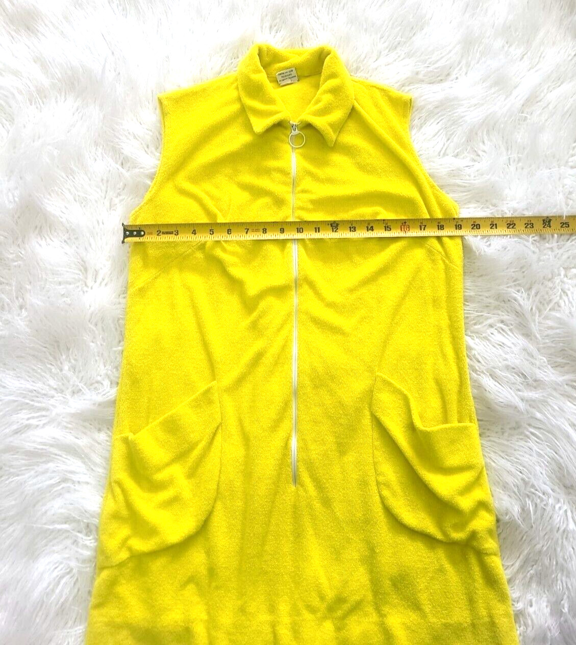 VTG 60s 70s Terry Cloth DeWeese Design Swim Coverup Dress Zip Size L Yellow Mod
