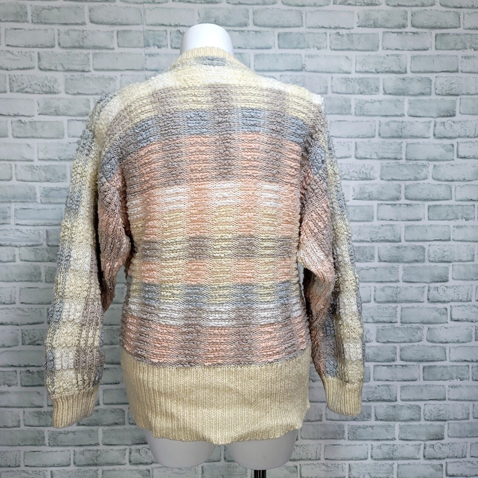 Vintage 80s Lindsay Scott Pastel Striped Acrylic Cardigan Sweater L Hong Kong
