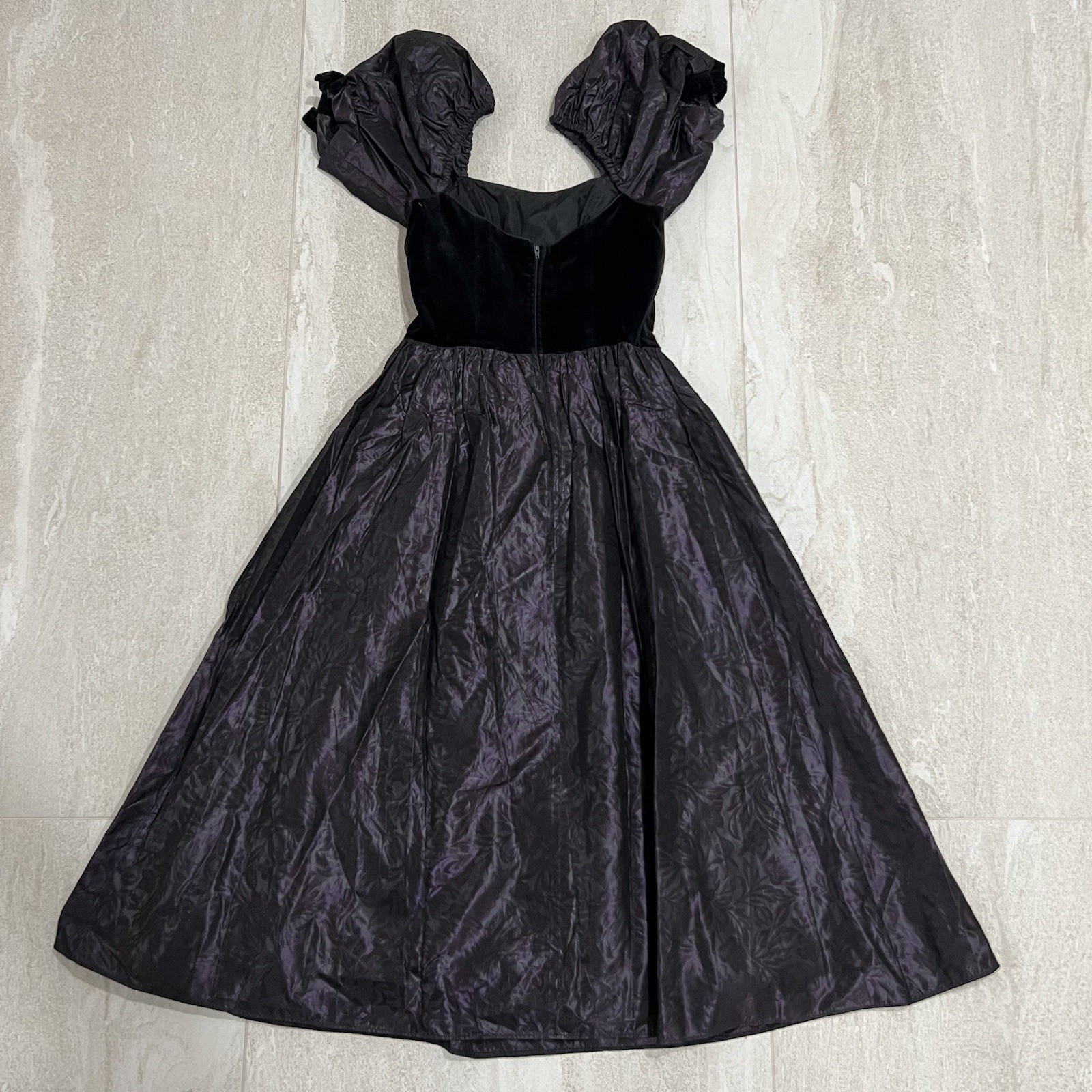 Vintage Laura Ashley Dress Sz 12 UK 10 USA Ruffle Puff Sleeve Purple Black EUC
