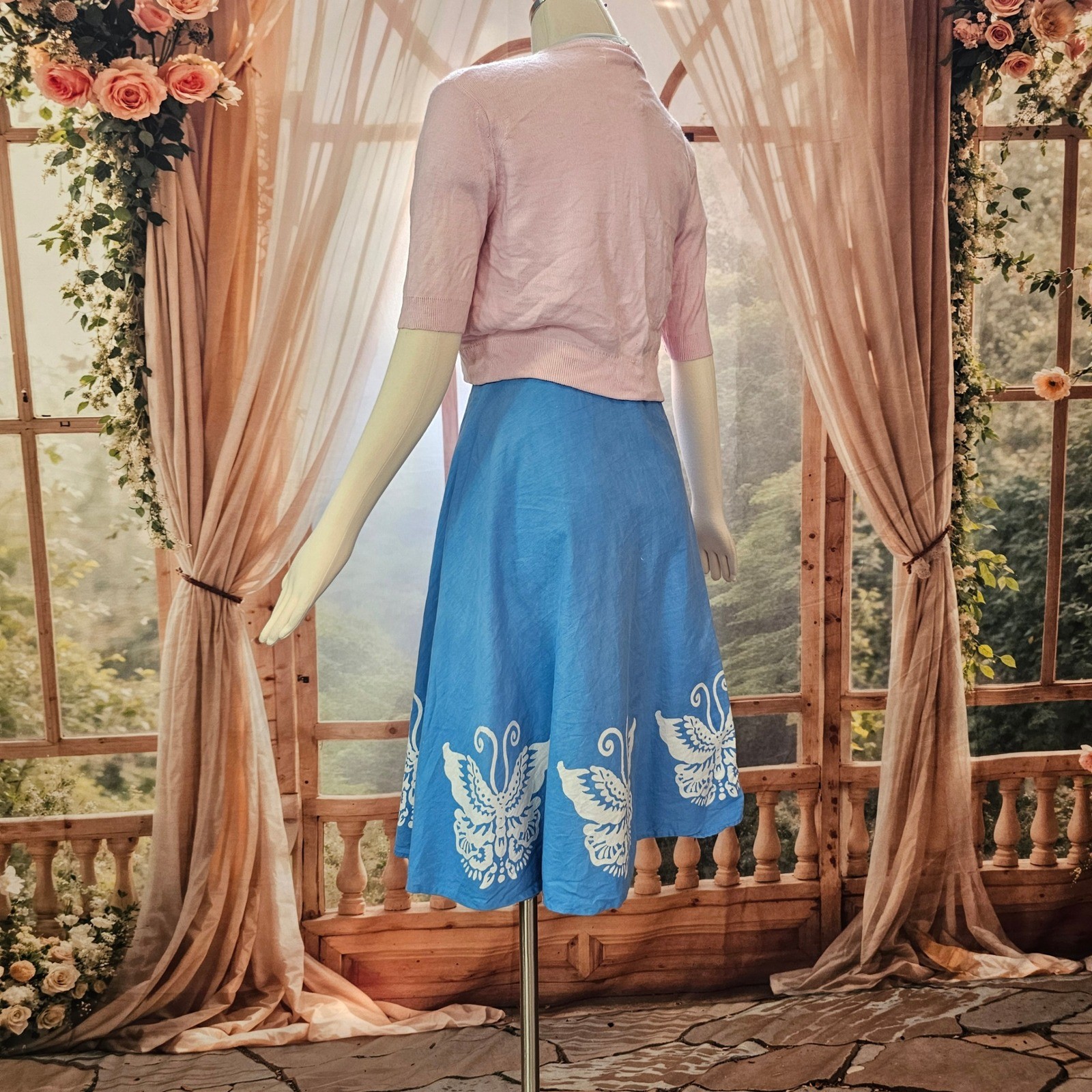 Vintage 1970s Butterfly Print Wrap Skirt Midi Boho Blue White Hippie