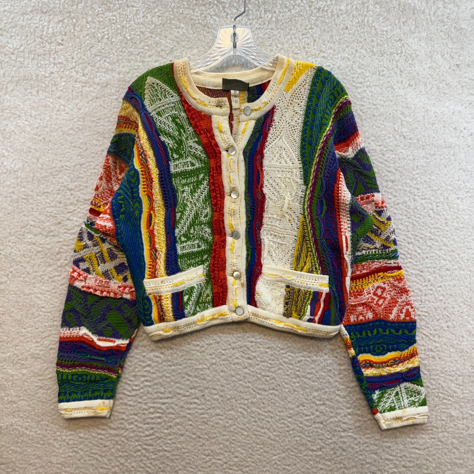 Vintage Coogi Cardigan Sweater Small Medium Womens Multi Color 3D Knit Retro
