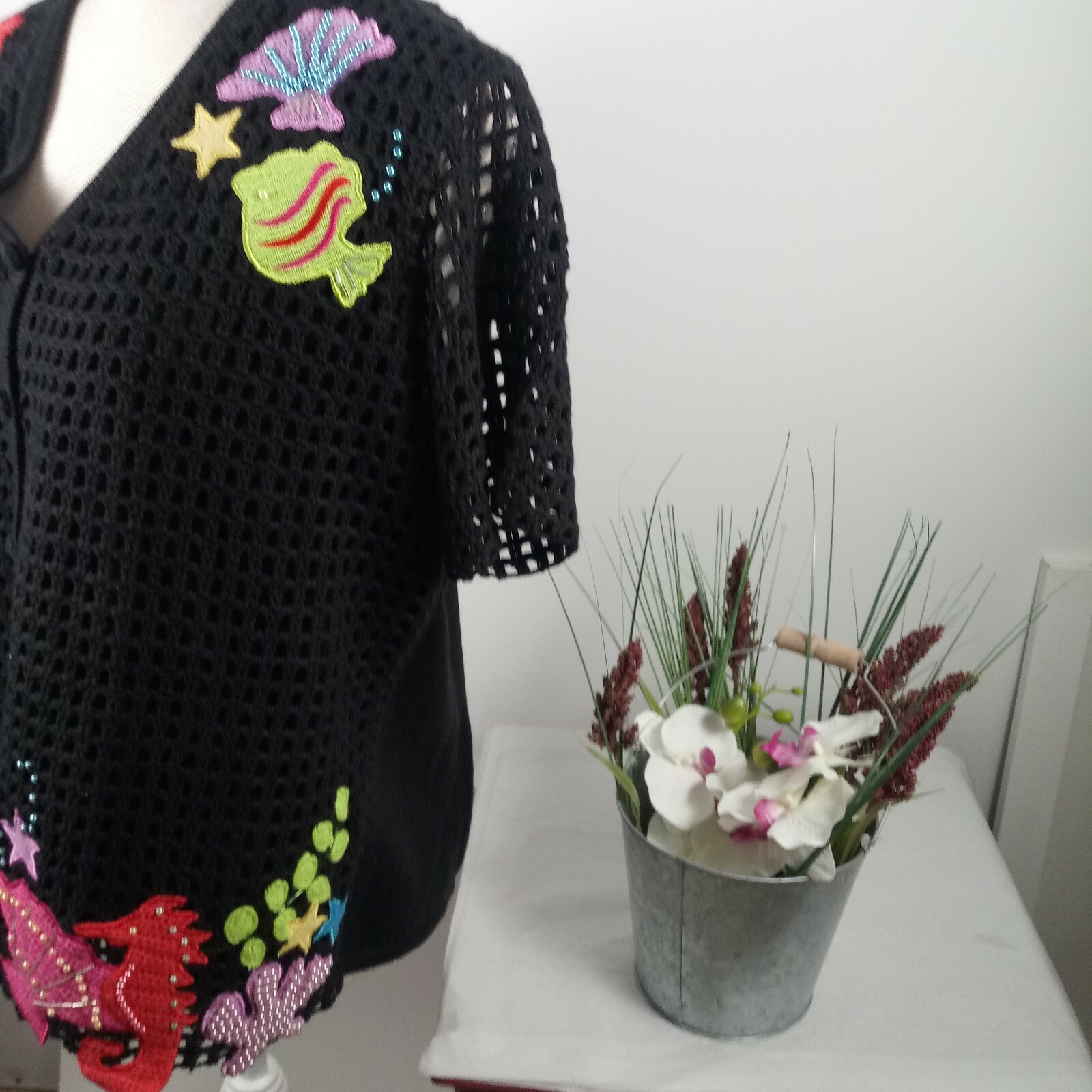 Vintage Hampshire Studio Sweater -Ocean -Short Open Knit Sleeve Medium -Grandma