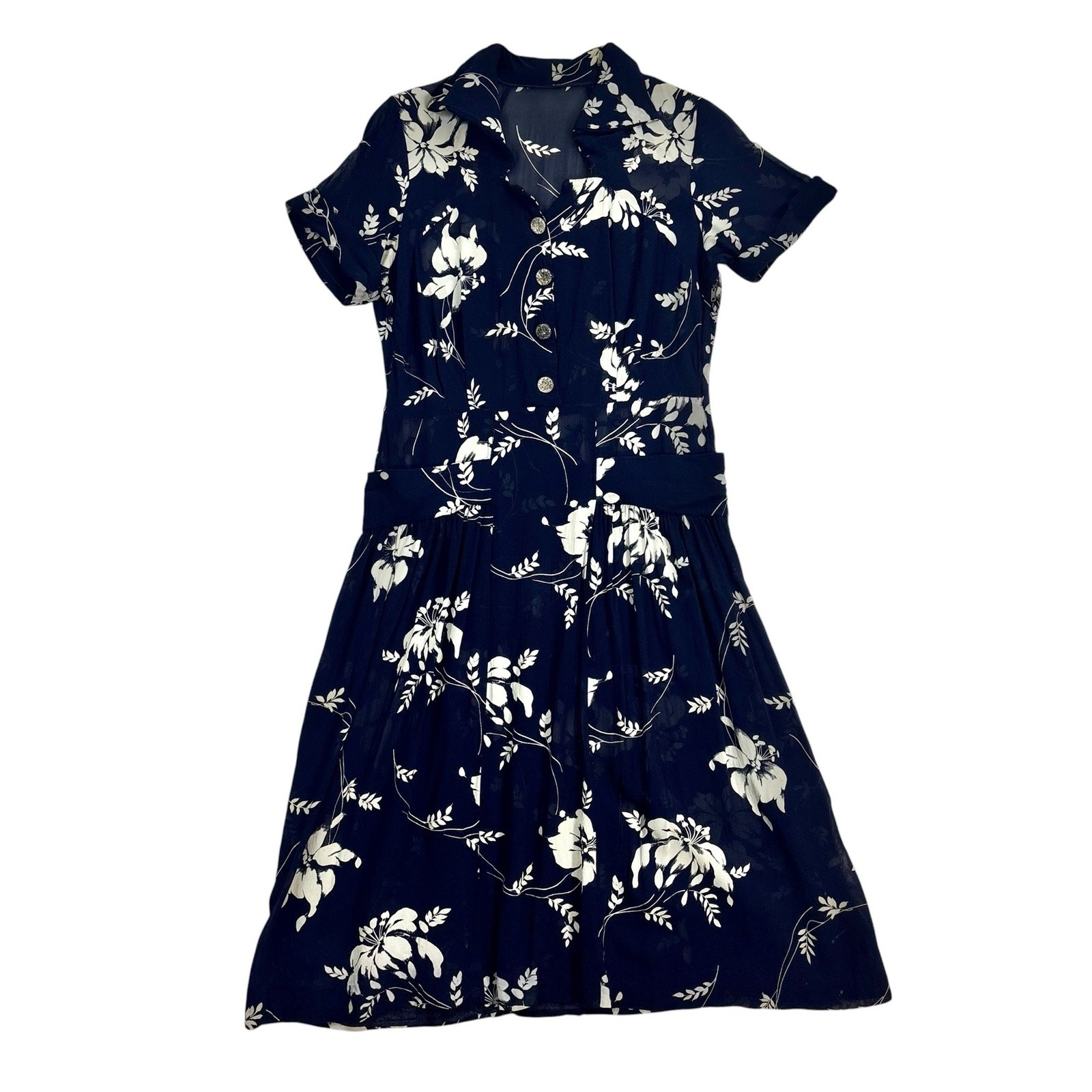 Vintage 1940s Silk Chiffon Shirtwaist Dress Navy Blue Tropical Floral Print