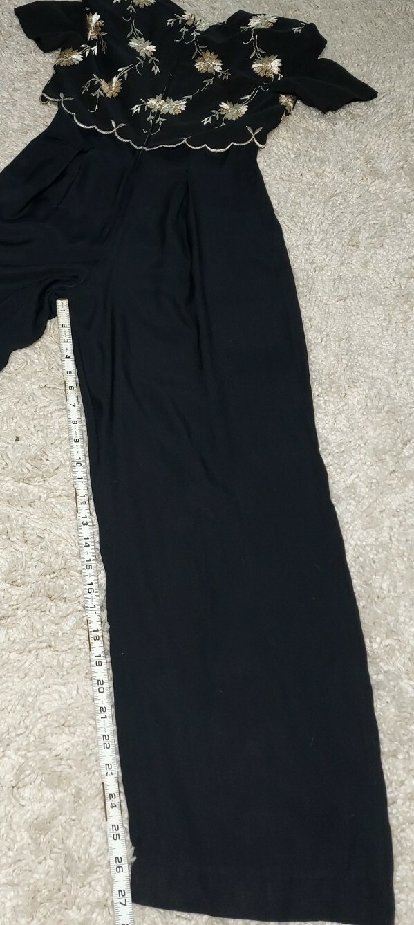 Vtg Jumpsuit Jeffrey & Dara Linda Hutley Black w Gold Embroidery Pant Suit Sz: 6