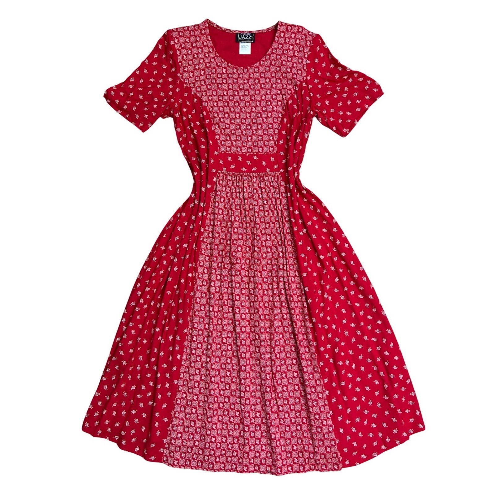 Vintage Red Floral Rayon Cottagecore Fit Flare Dress 16 housedress