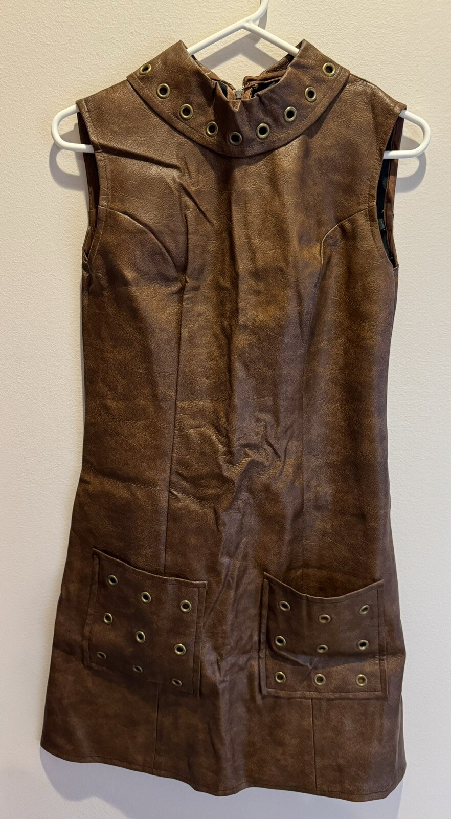 VTG Pleather Faux Dress Brown Mod Retro 60s Grommets Medium Pockets