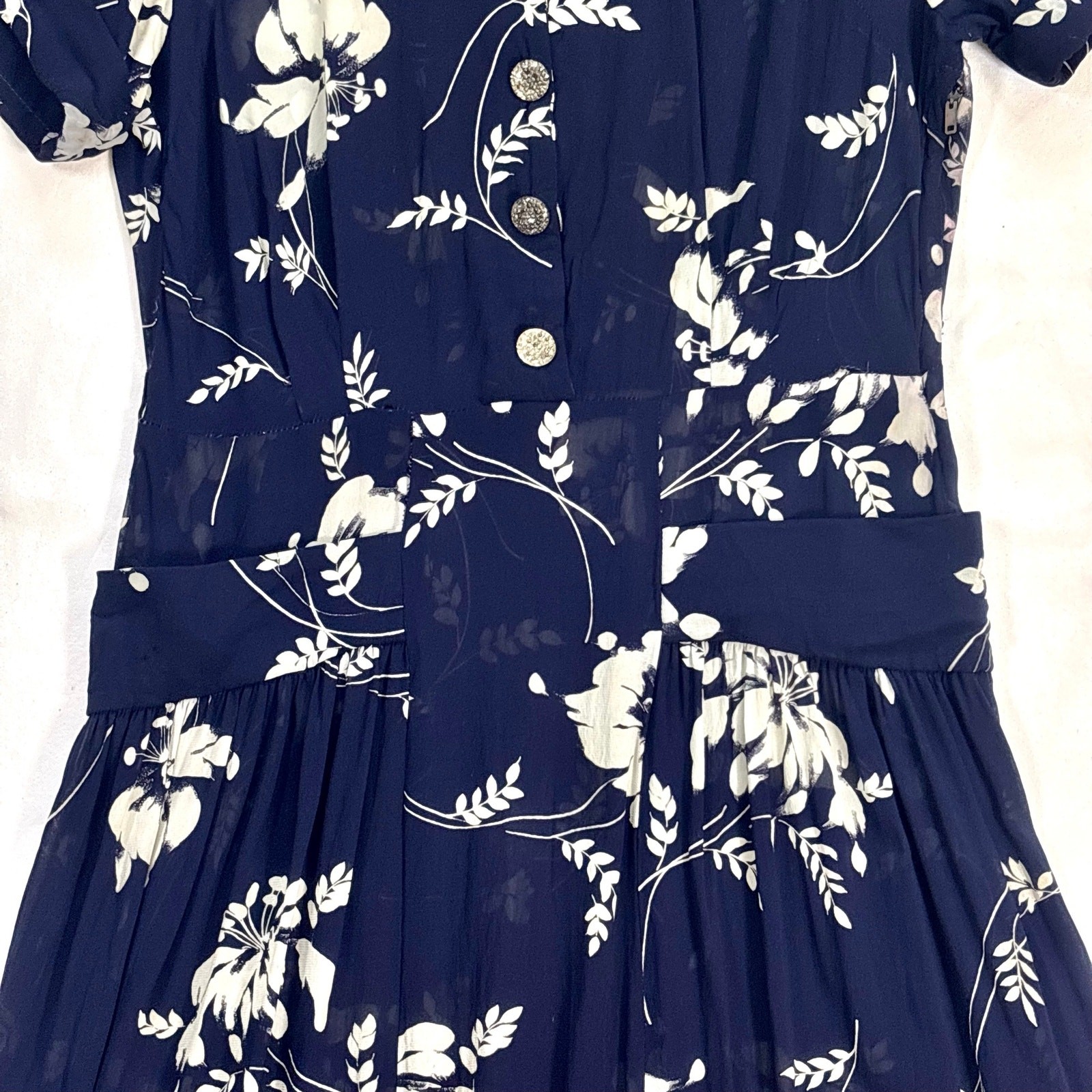 Vintage 1940s Silk Chiffon Shirtwaist Dress Navy Blue Tropical Floral Print
