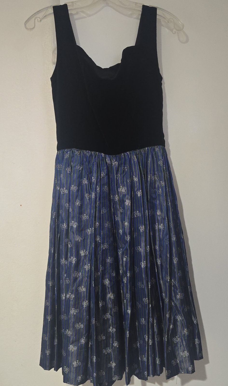 Vintage Lanz Original Black Velvet Blue Floral Taffeta Party Dress
