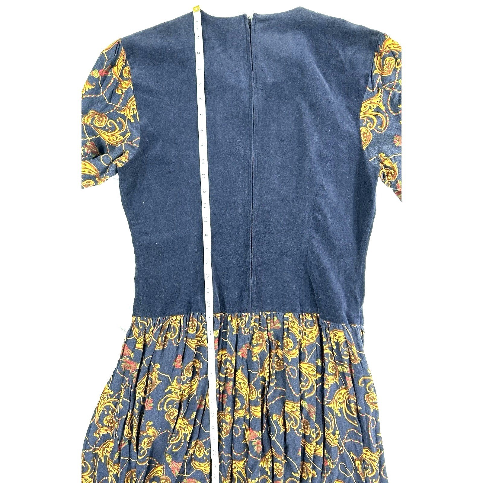 Donna Morgan Vintage Navy Velvet Paisley Midi Dress Gold Tassel 80s Size 11/12
