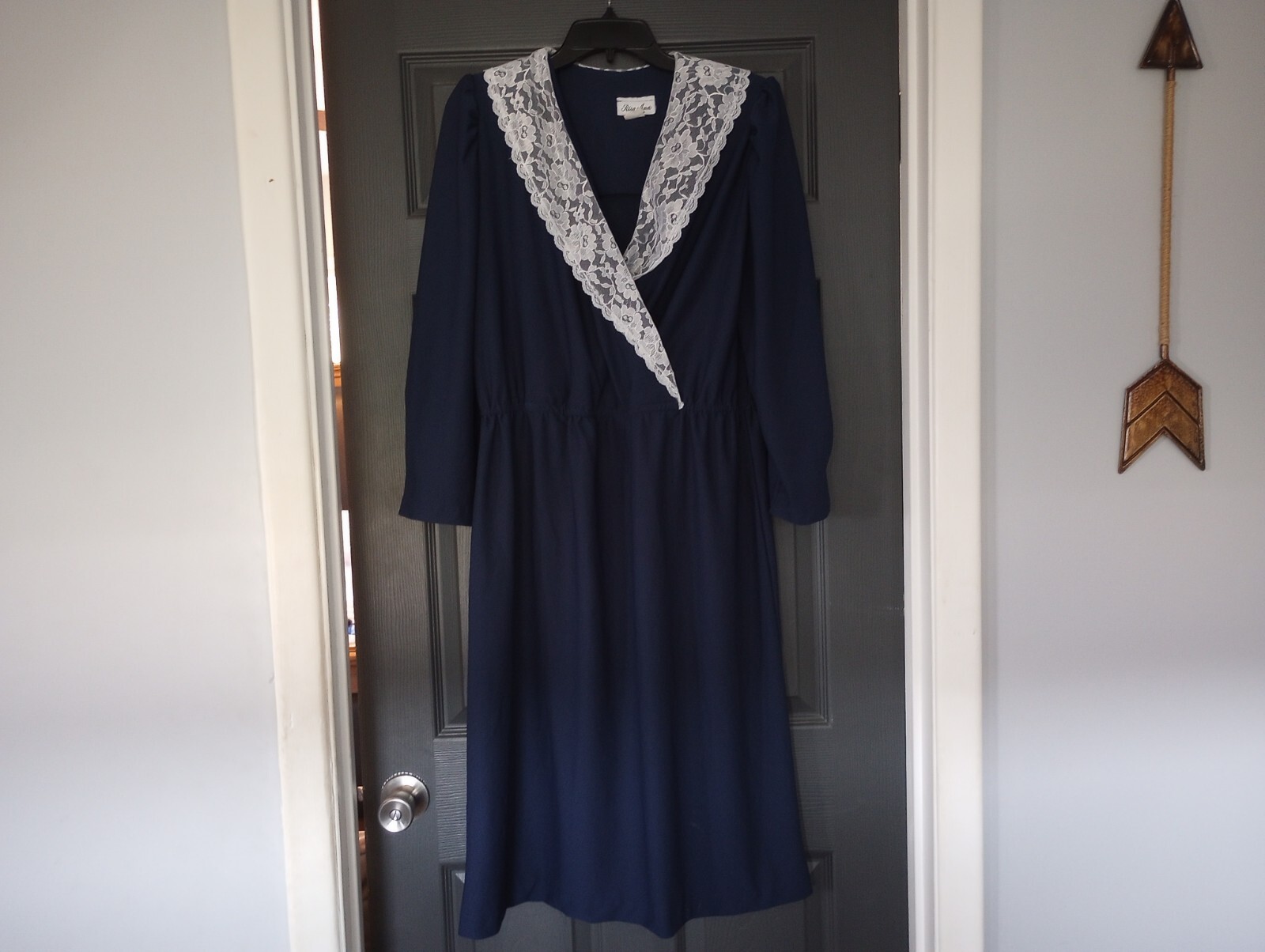 Retro 80s Navy Maxi Lace collar Prairie granny Chic Vintage Secretary dress VTG