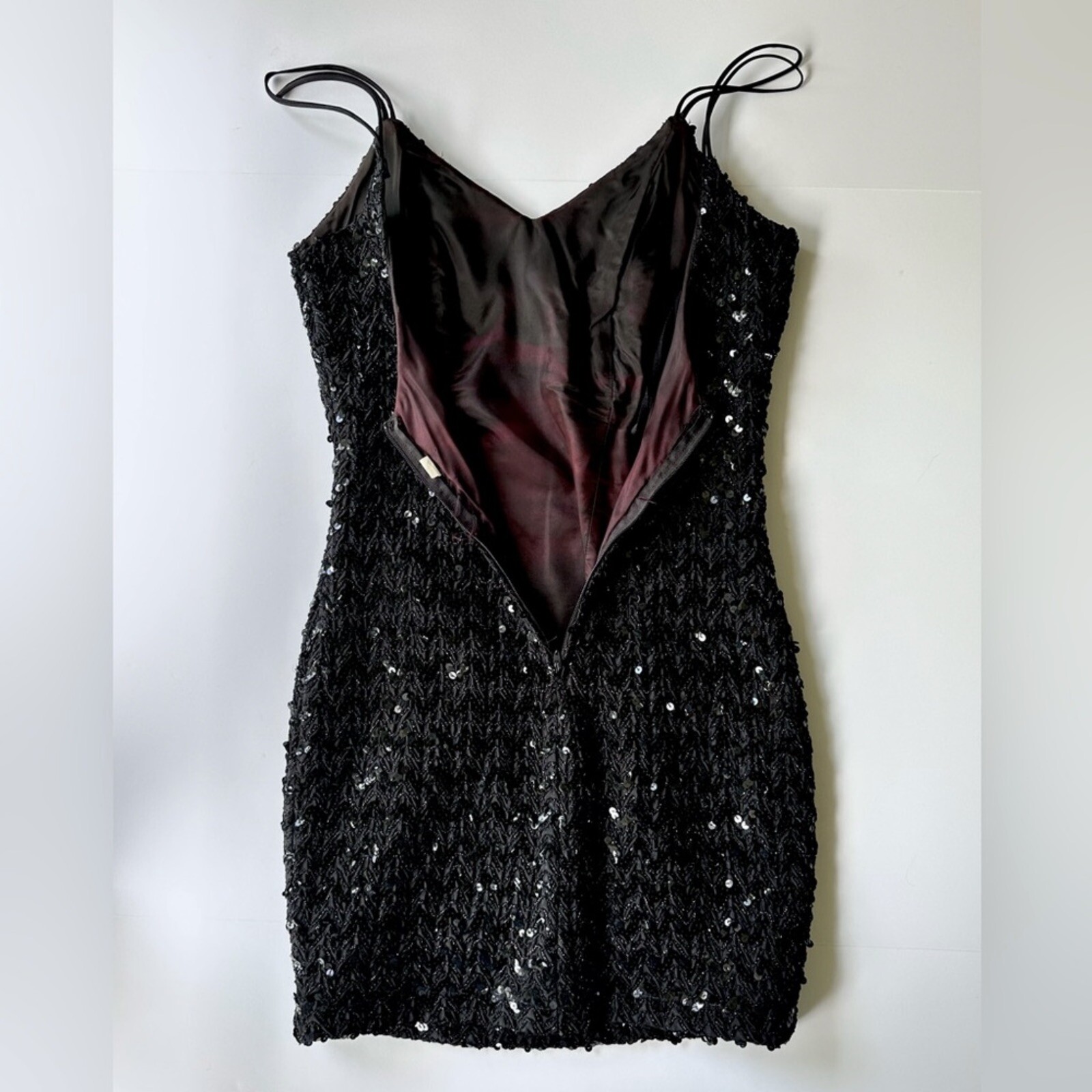 Vintage 1960s Low Back Sequin Black Mini Dress w/ Double Spaghetti Straps
