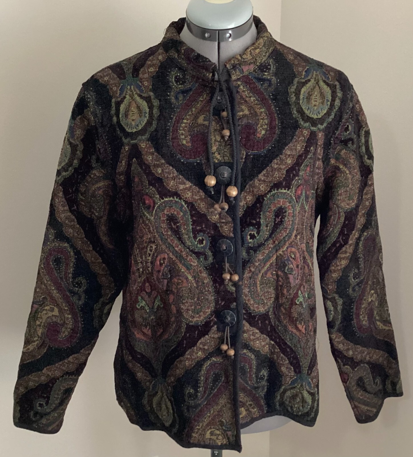 VTG Flashback jacket paisley woven jacquard BOHO wood bead buttons pockets