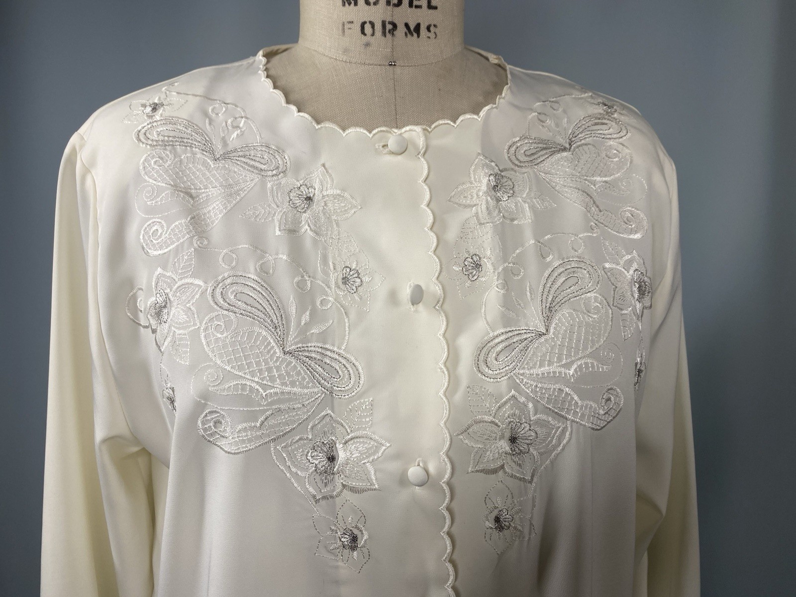 Vintage Blouse Top SIZE LARGE 10 ivory embroidered CLAUDIA RICHARD 80s 90s