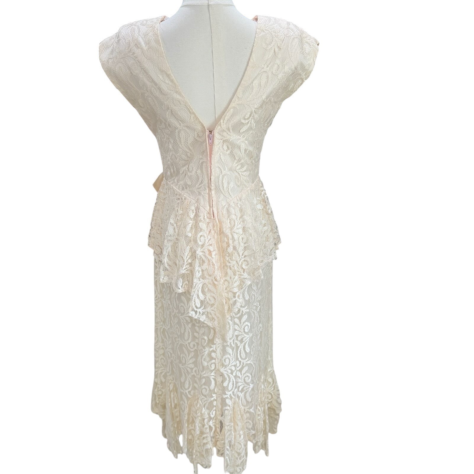 Vintage Zum Zum Lace Peplum Midi Dress Ivory Cream Bow Handkerchief Hem Bridal