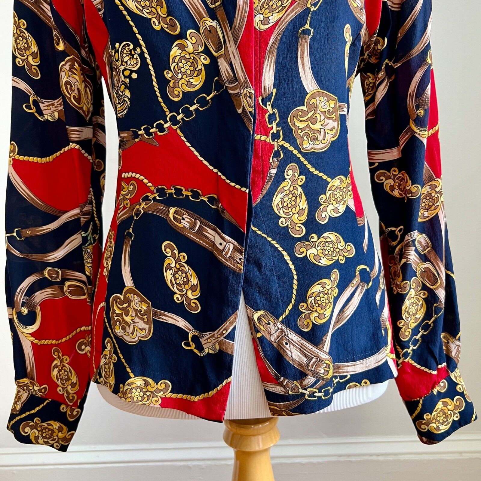 Vintage 90s Stephanie Andrews Silk Shirt Equestrian Print Blouse Navy Red M
