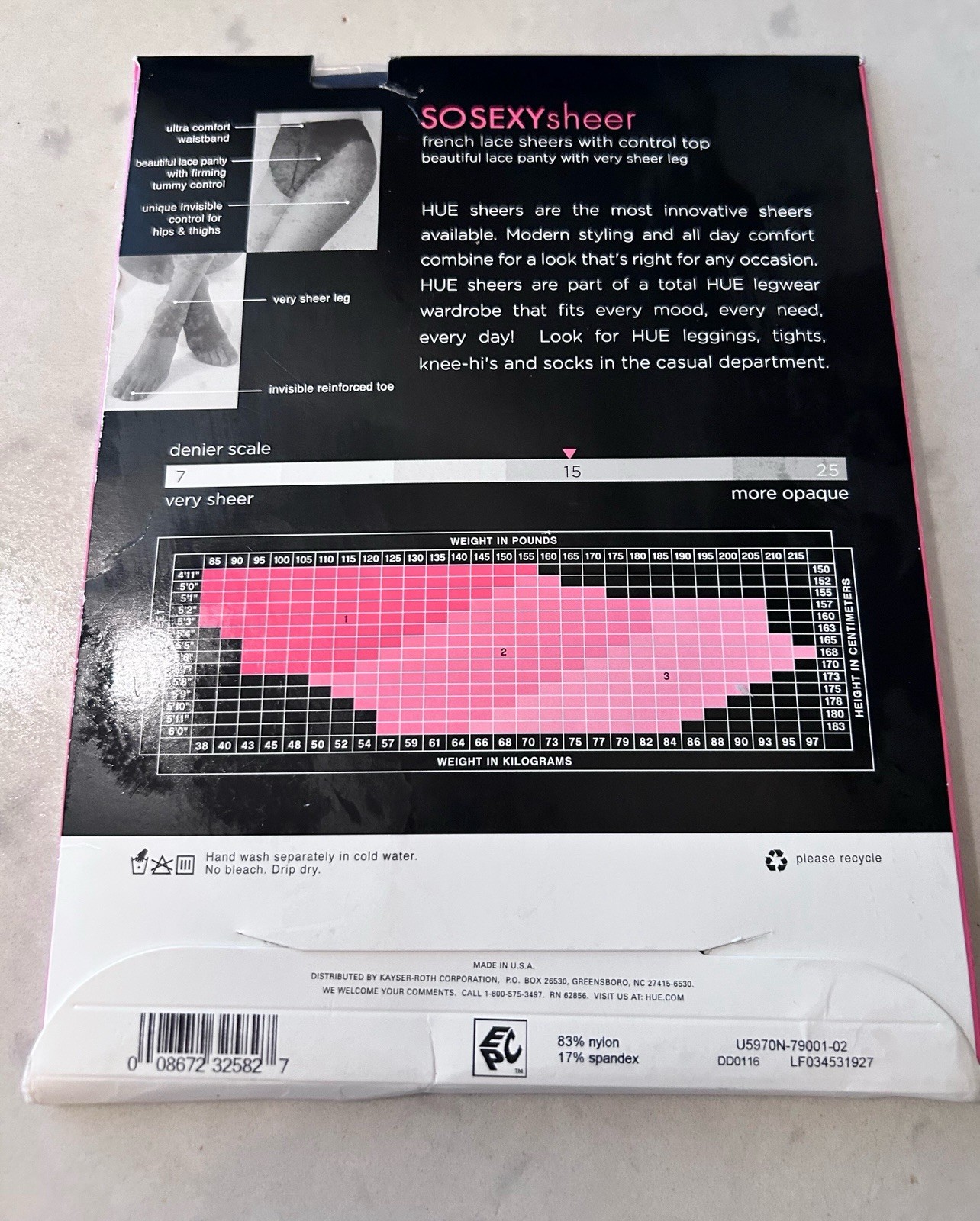 HUE So Sexy French Lace Sheer Pantyhose with Control Top Black Size 2