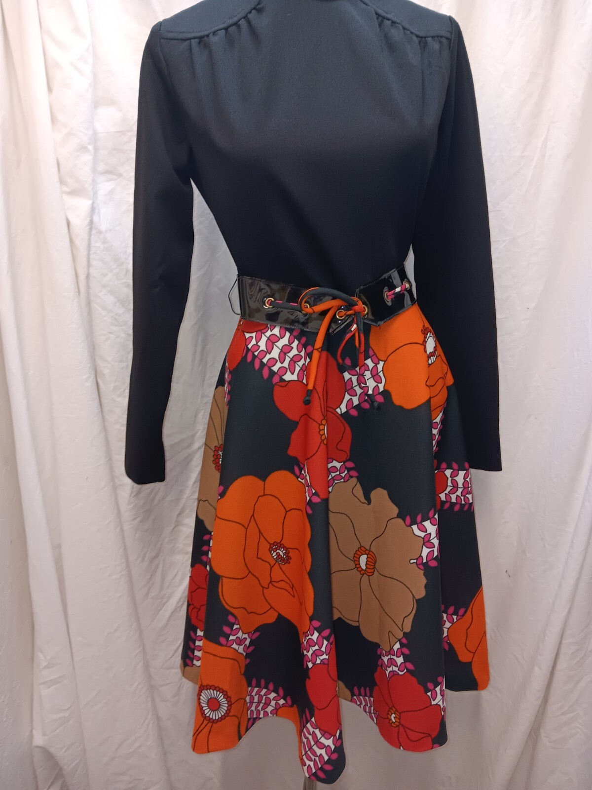 1970s Black Orange Pink Red White Groovy Poly Mod Dress by Tony Todd M