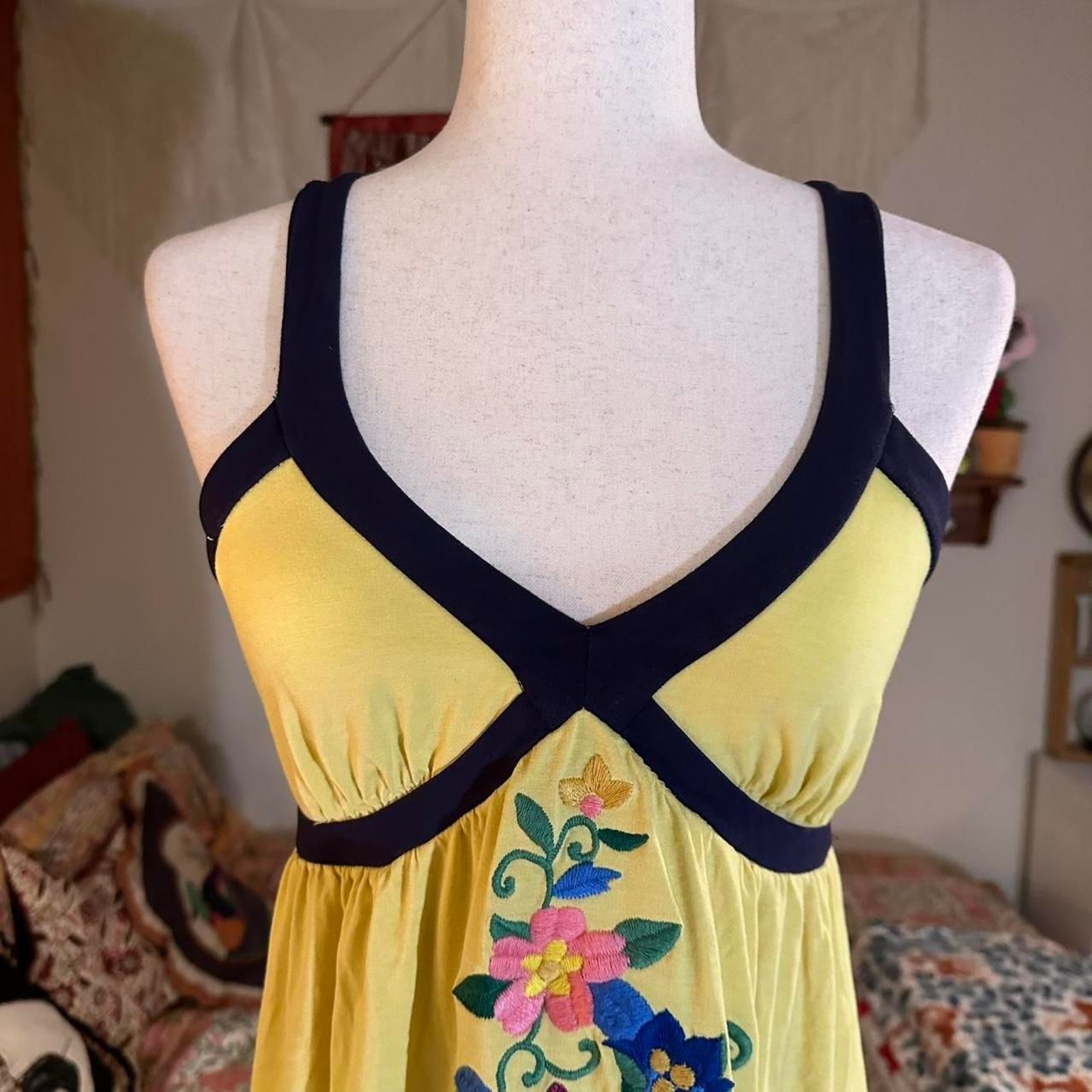 Yellow and Navy Summer Floral Embroidered Mini Summer Dress
