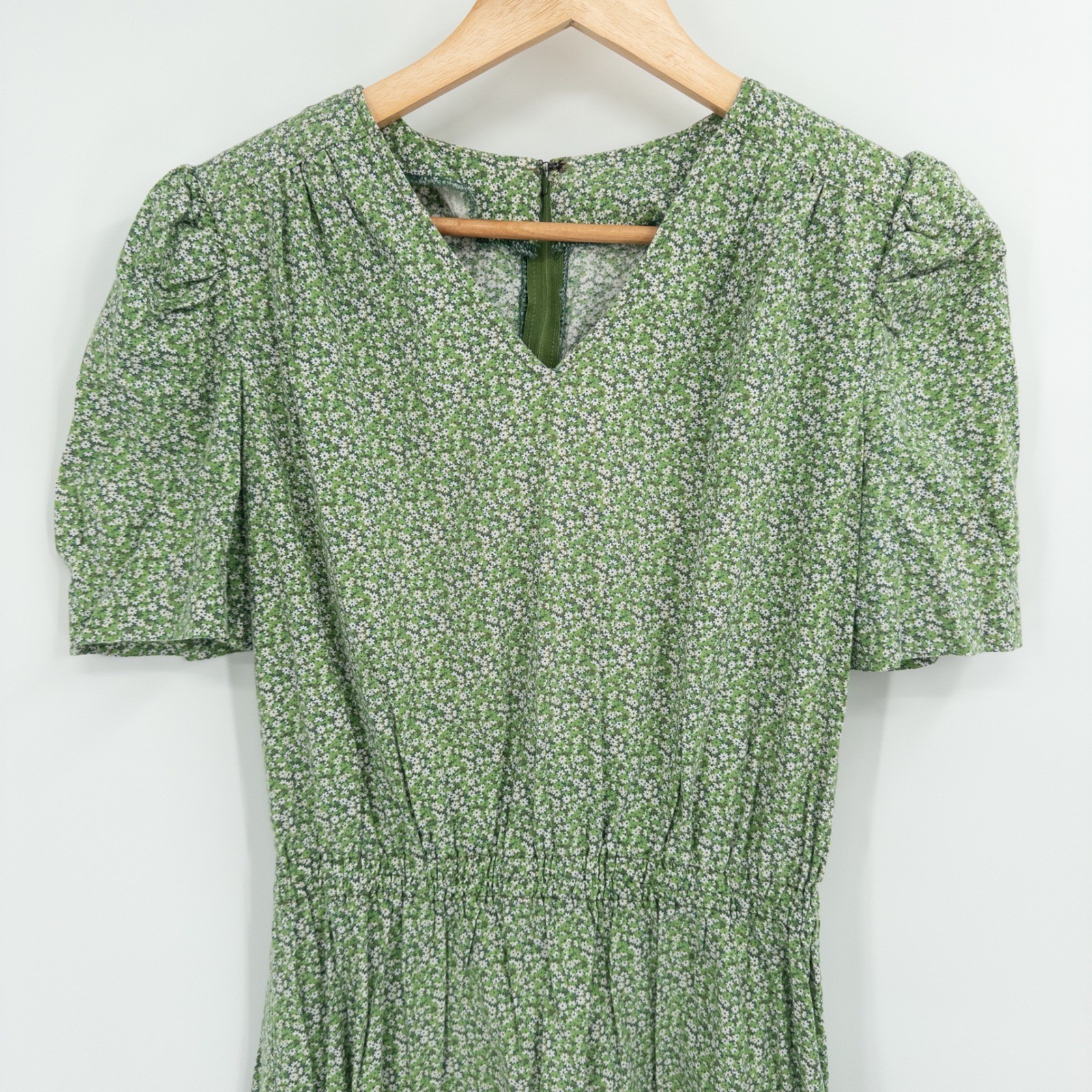 Vintage 70s Handmade Prairie Dress Women Small Green Ditsy Floral Cottage Boho