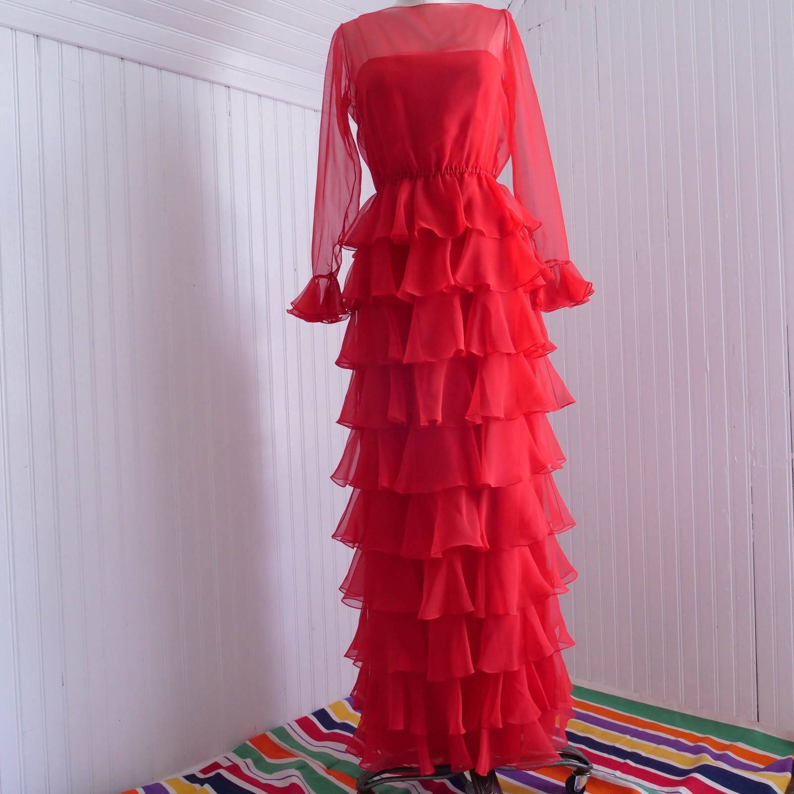 Stunning rare vintage 70s Jill Richards red chiffon ruffle maxi dress gown