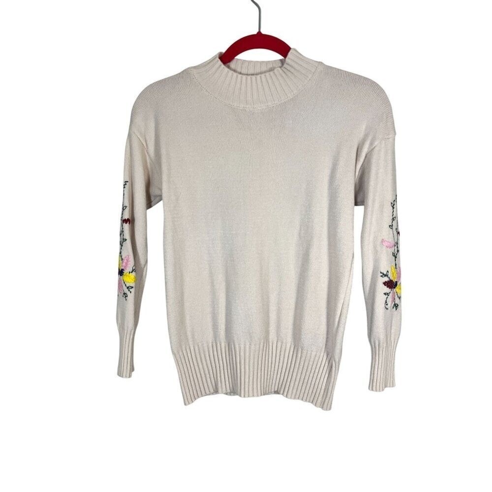 Retro Floral Embroidery Sweater Cream S Boho Western Hippie Chic Preppy 80s