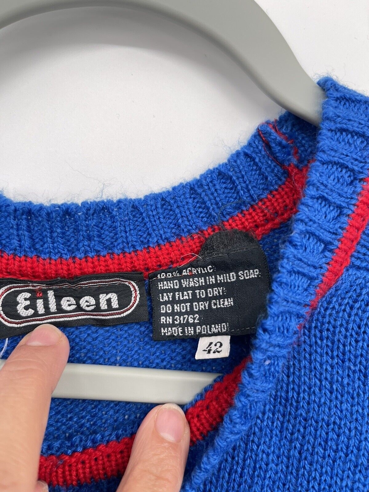 Eileen 42 Pullover Sweater Women Blue Good Vintage Red Trim Crew Neck Acrylic