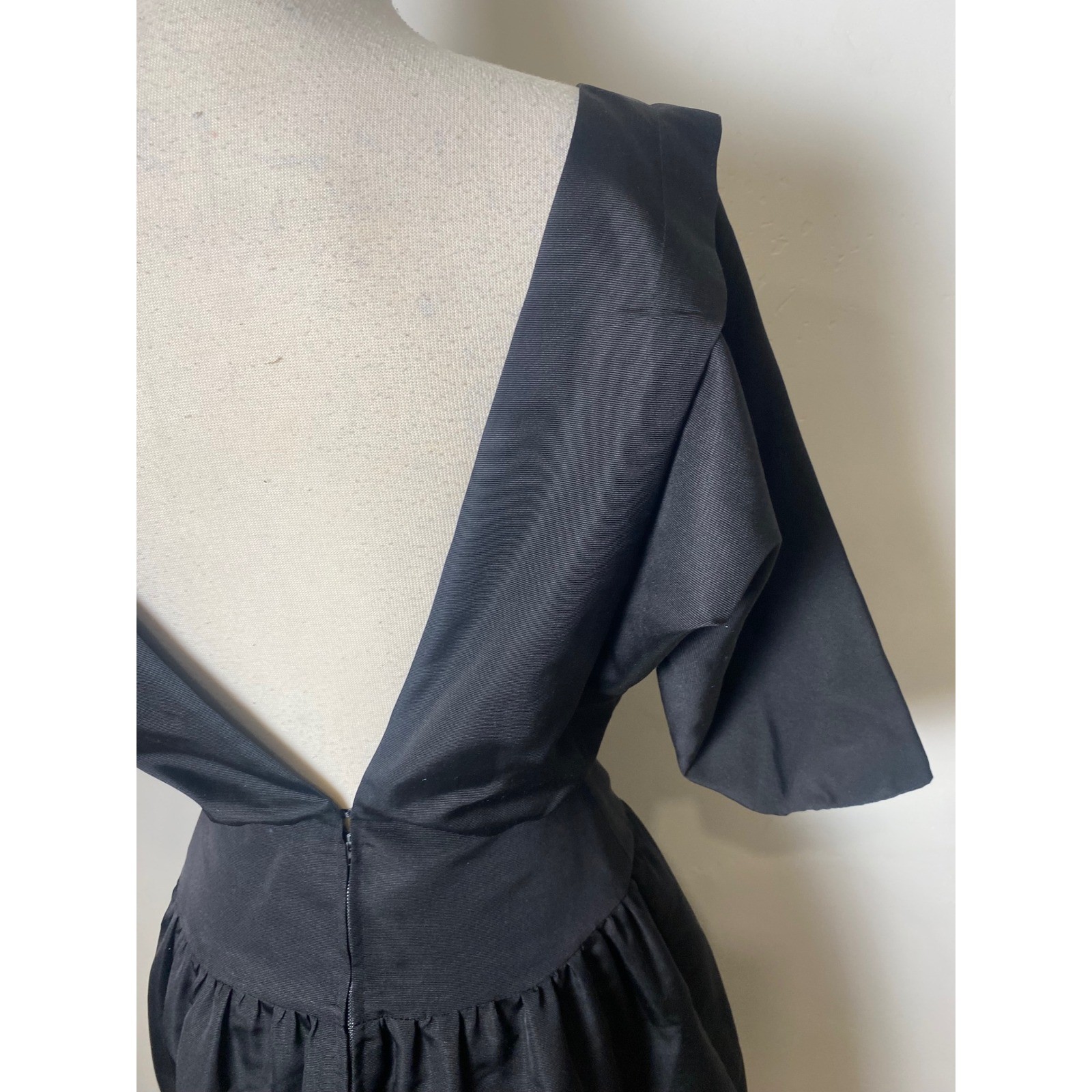 Vintage 50s 60s Black Satin Cocktail Dress Deep V Back Kimono Sleeve Mid Century