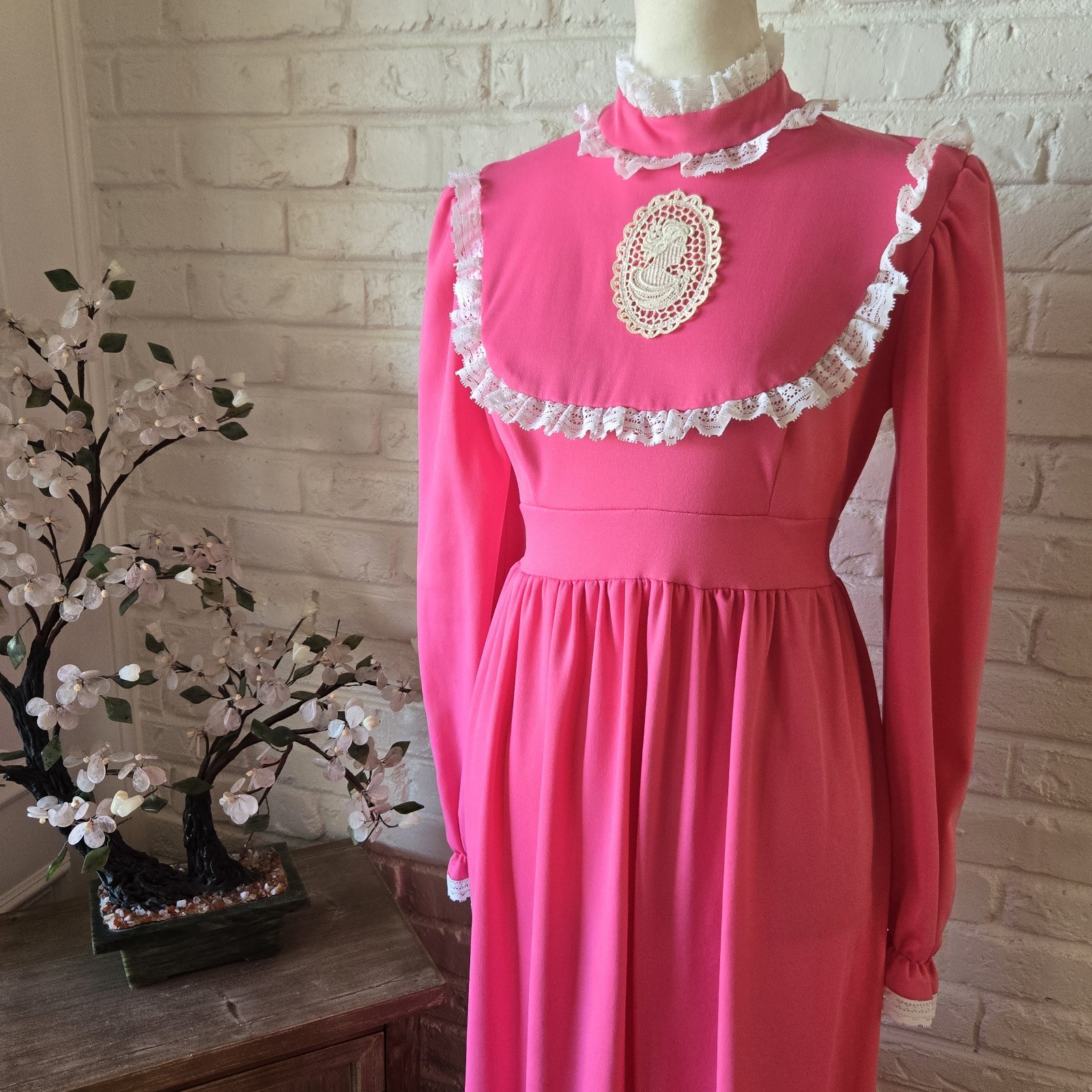 Vtg 60s 70s Pink Cameo Maxi Dress, Lace Trim, Sash, Long Sleeve, Party, Union