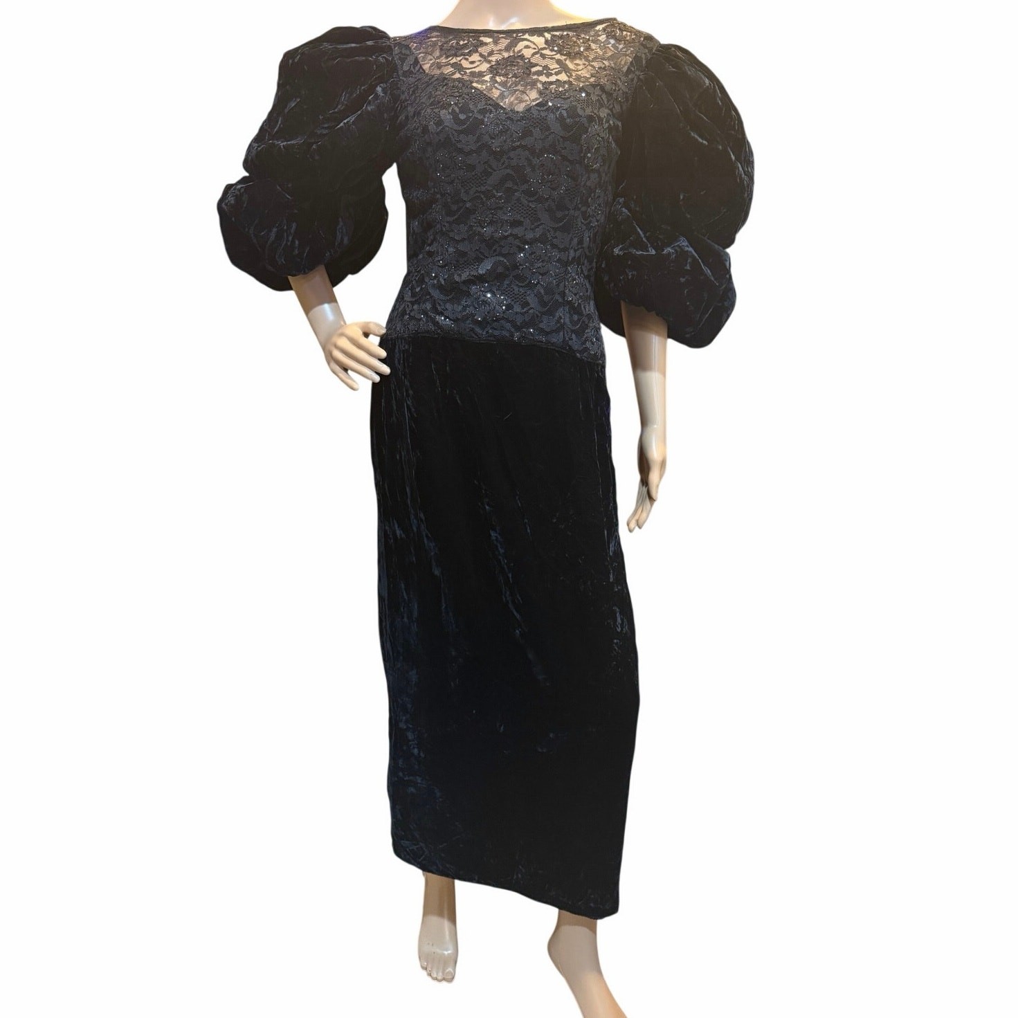 VTG 80s XS Victorian Velvet Lace Puff Sleeve Maxi Gown Whimsigoth Gothic Dress