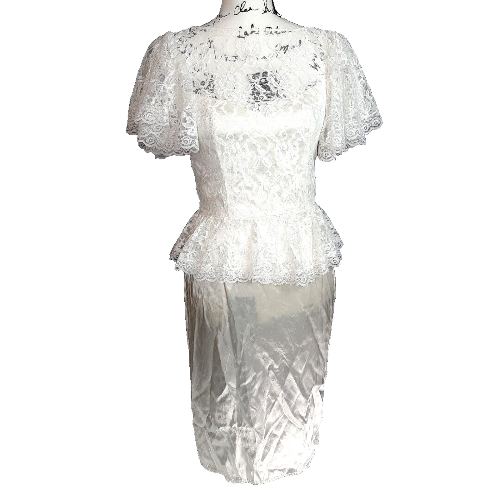 Vtg Diamonds Run Lace Puff Sleeve Peplum Satin Midi Dress Size 8 White Coquette