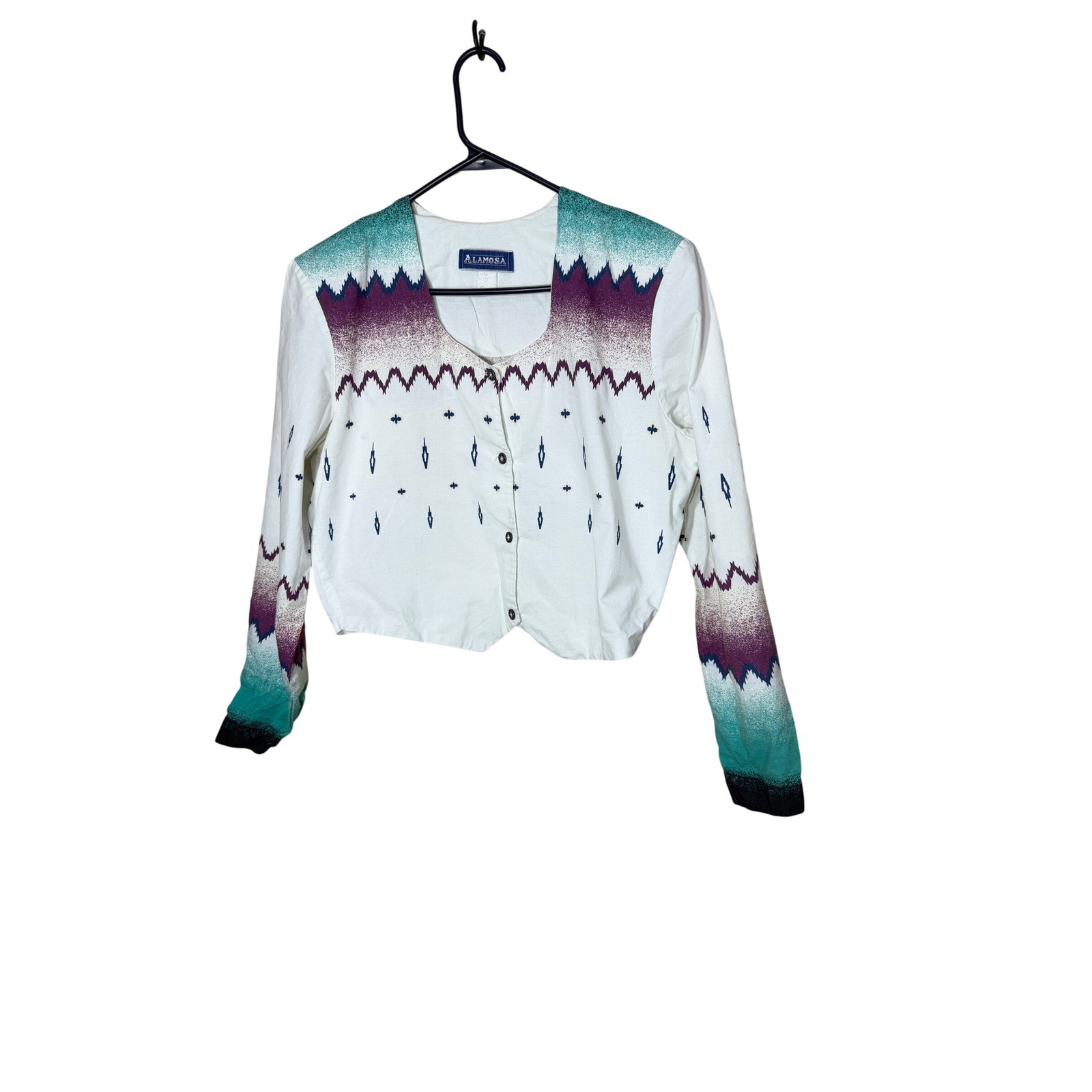 Alamosa Vintage Womens Southwestern Cropped Cotton Top White Teal Purple L