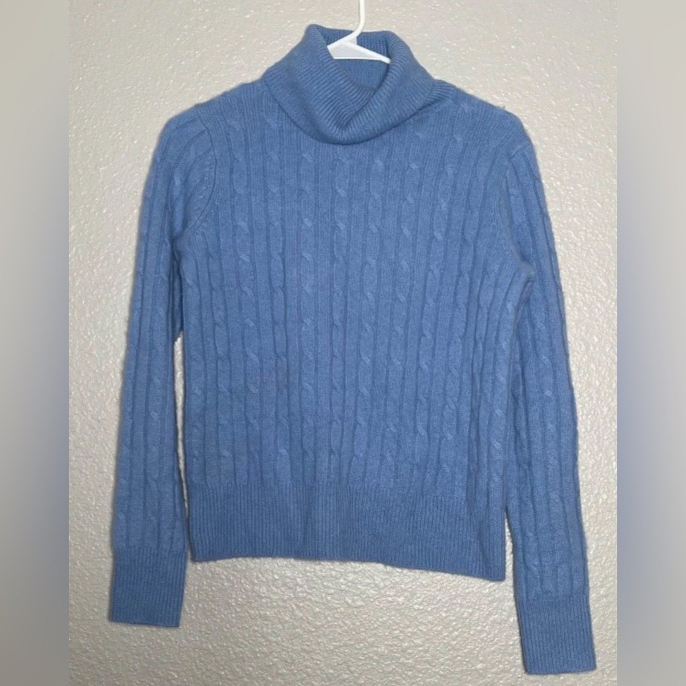 Vineyard Vines Blue Cable-Knit 100% Cashmere Turtleneck Sweater Classic preppy