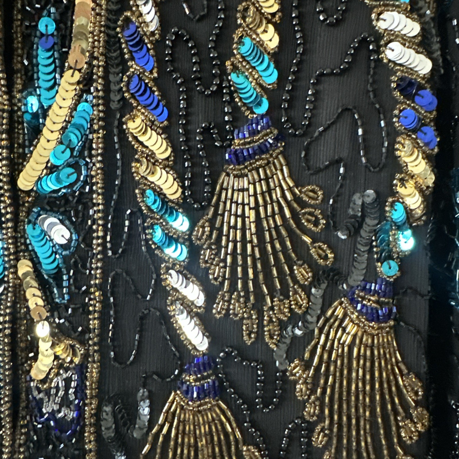 LAURENCE KAZAR Jacket 💯 Silk Lined Beaded Sequins Black Gold Large Clean
