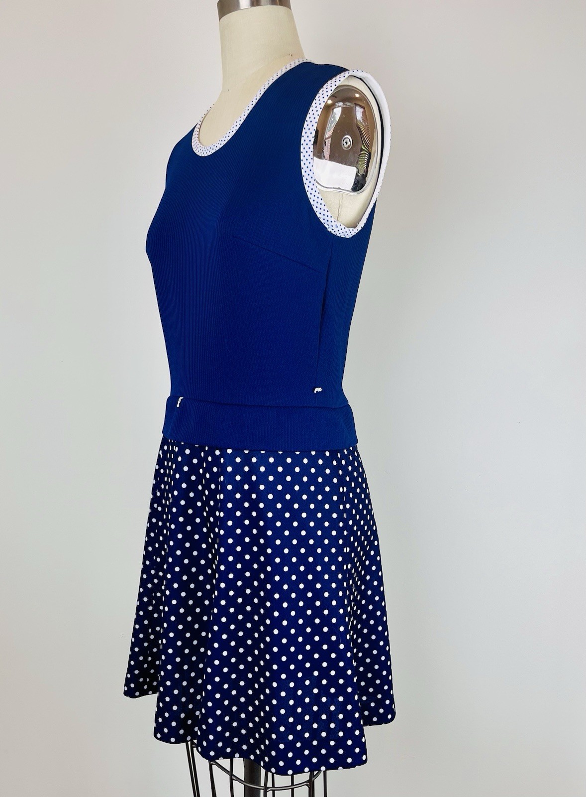 Vintage 70s Royal Blue Double Knit Polyester White Polka Dot Mini Dress MOD GOGO
