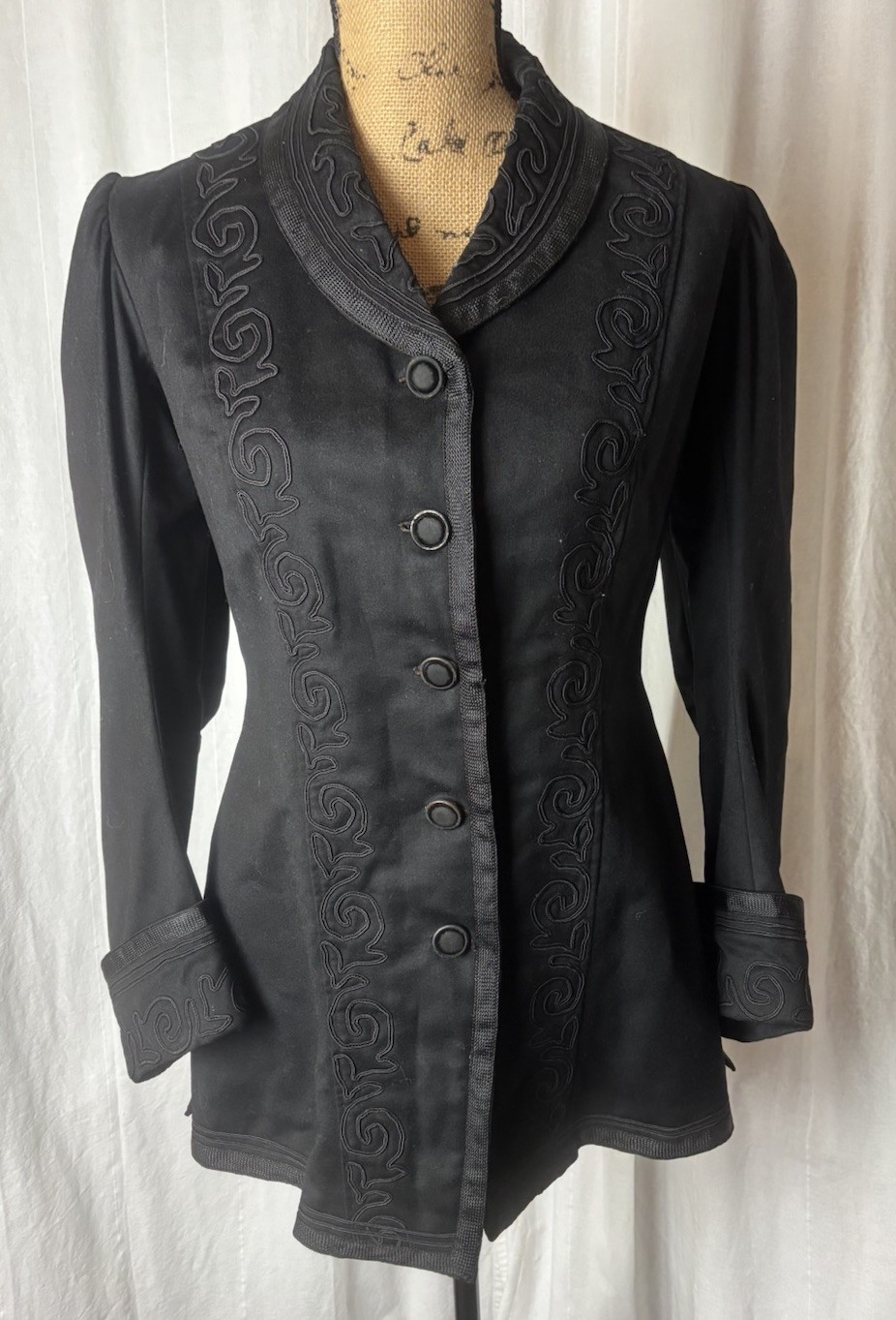 Hand Made Vintage Victorian Ladies Walking Jacket Black Soutache Size S NO TAGS