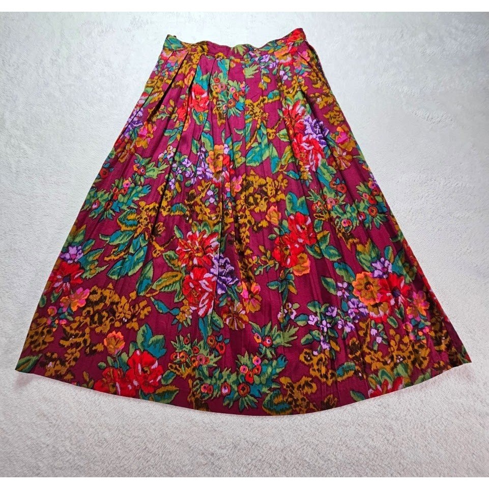 Segue Vintage Magenta Floral Pleated Rayon Midi Skirt Pockets Womens 14