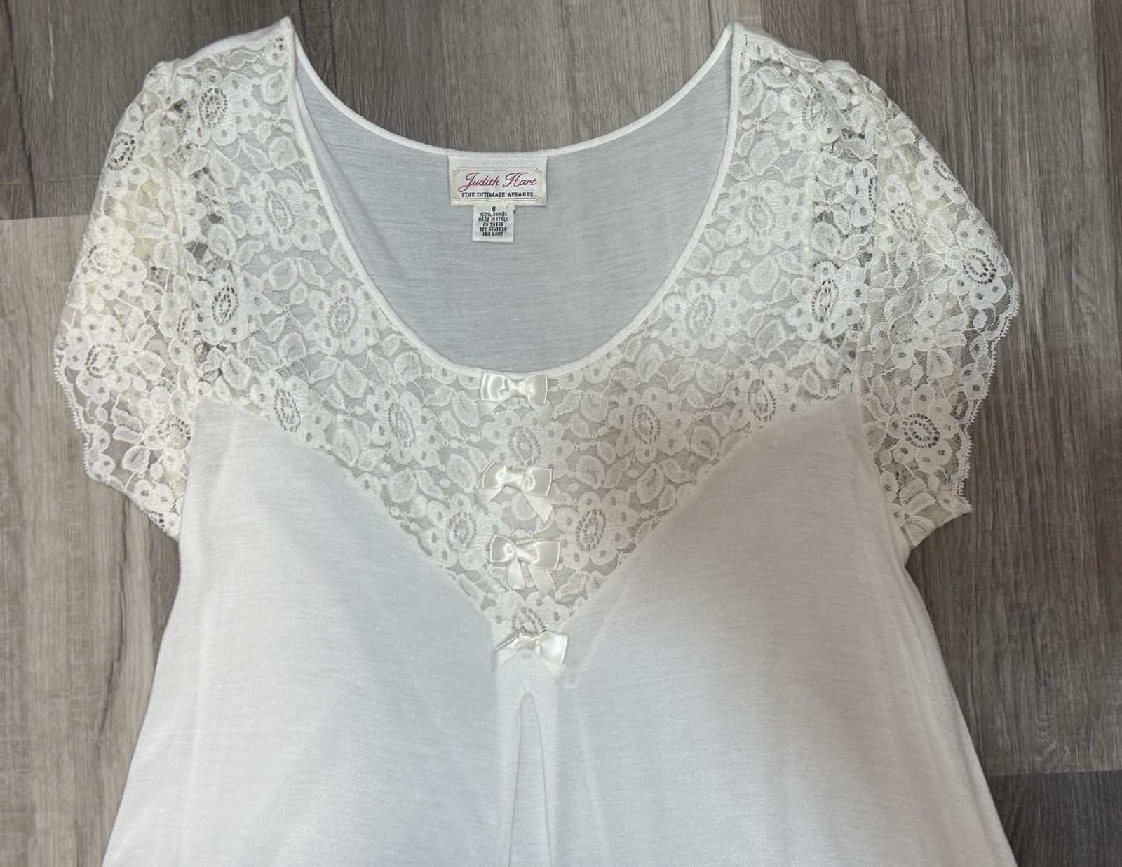 Vintage Judith Hart Short Sleeve Cotton Maxi Nightgown Lace Sz S Made In Italy