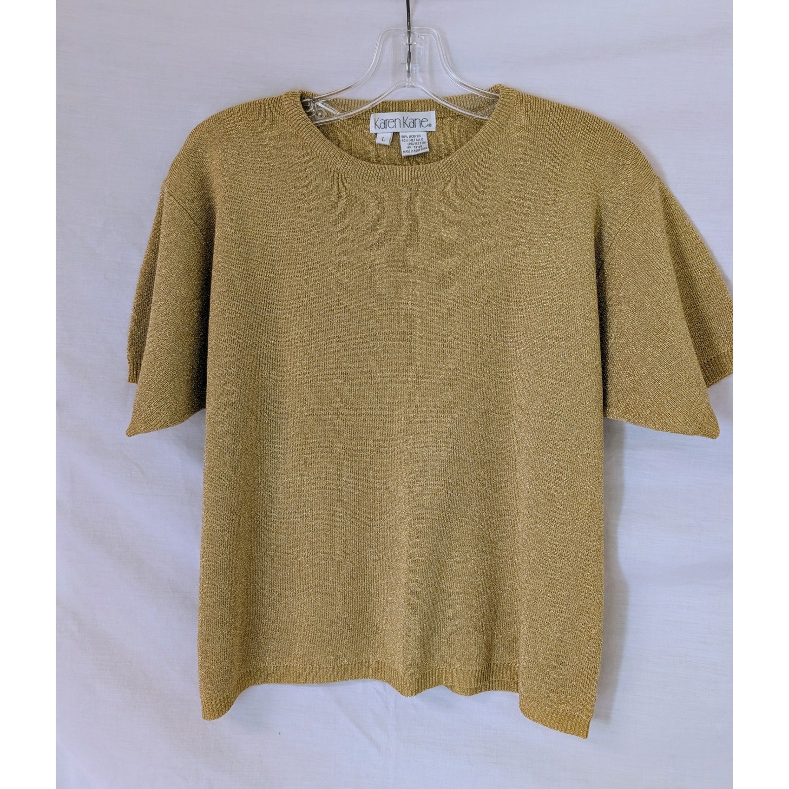 Vintage Karen Kane Gold Metallic Knit Sweater Large Short Sleeve Sparkle Top
