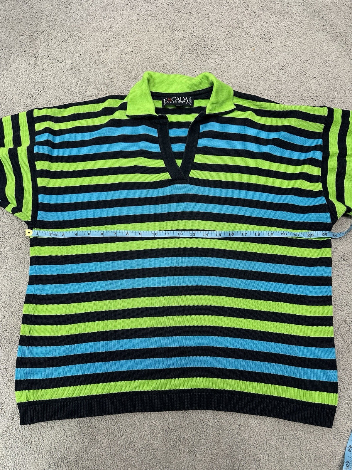 Escala Sweater Vintage Size 40 Line Green Teal Black Striped Collar Pullover