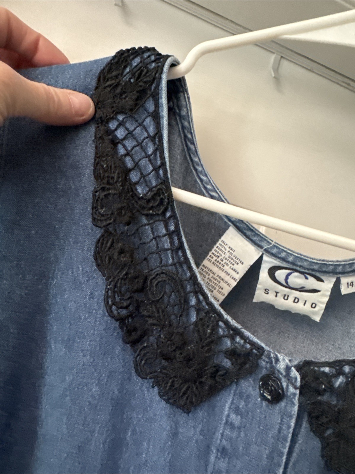 VTG 80’s C Studio Denim & Black Velvet Dress with Lace Collar Size 14