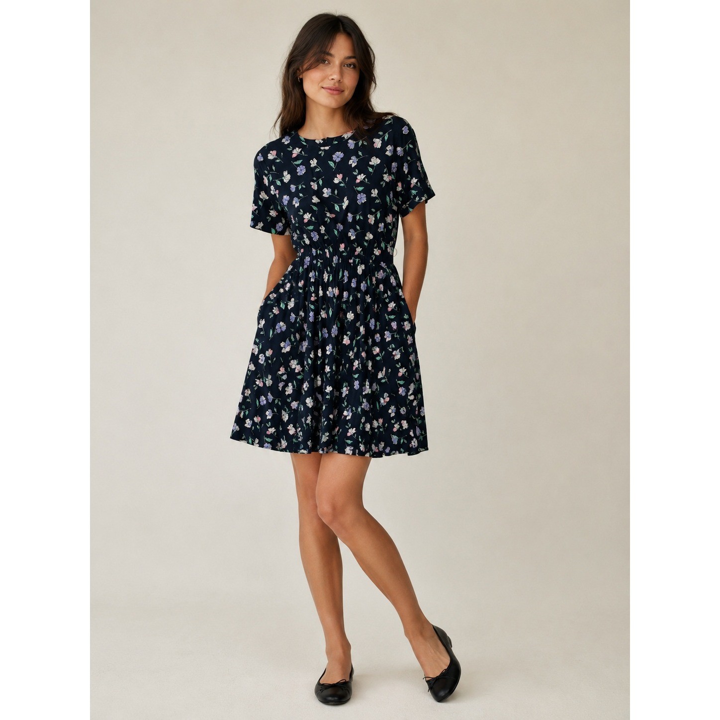 90s Bedford Fair Floral Rayon Mini Dress Petite 4 Navy Blue Cottagecore USA