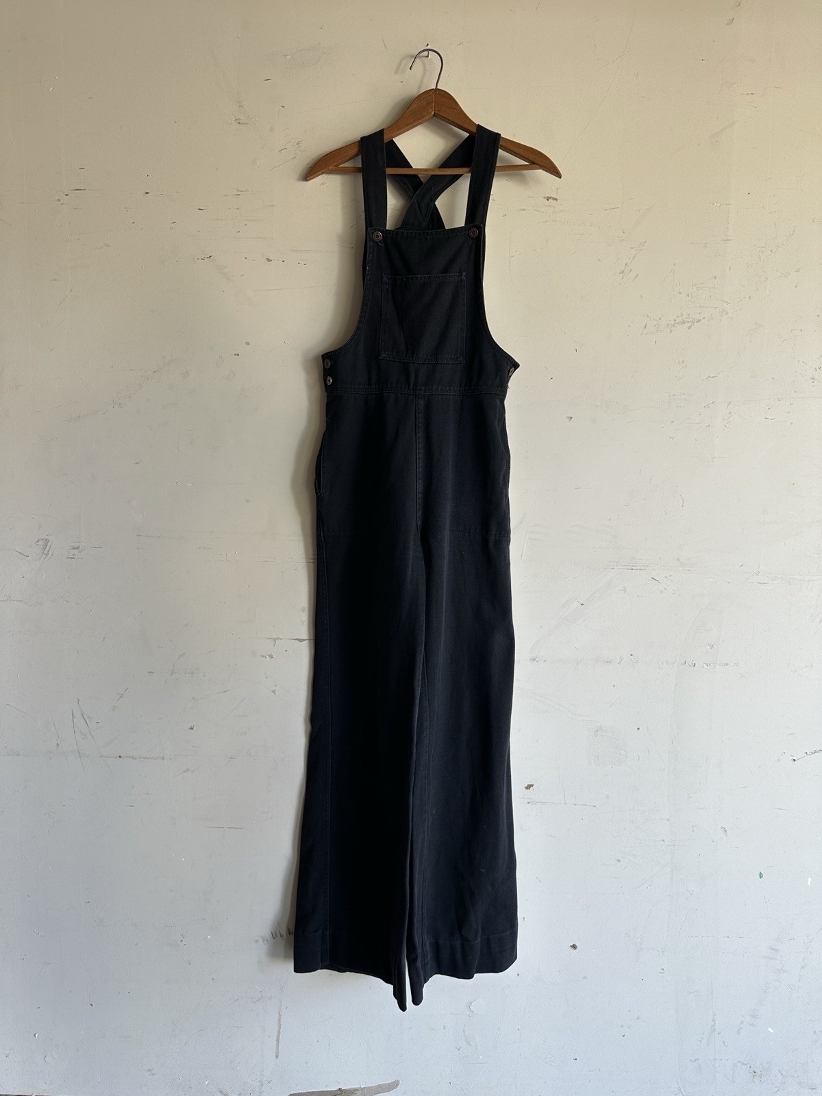 Vintage 70s black bell bottom wide leg overalls