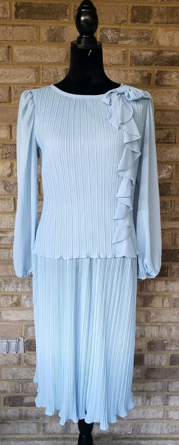 Discovery Fashions Ltd Size 10 Dress Lt Blue Long Sleeve Pleated Ruffle Sheer