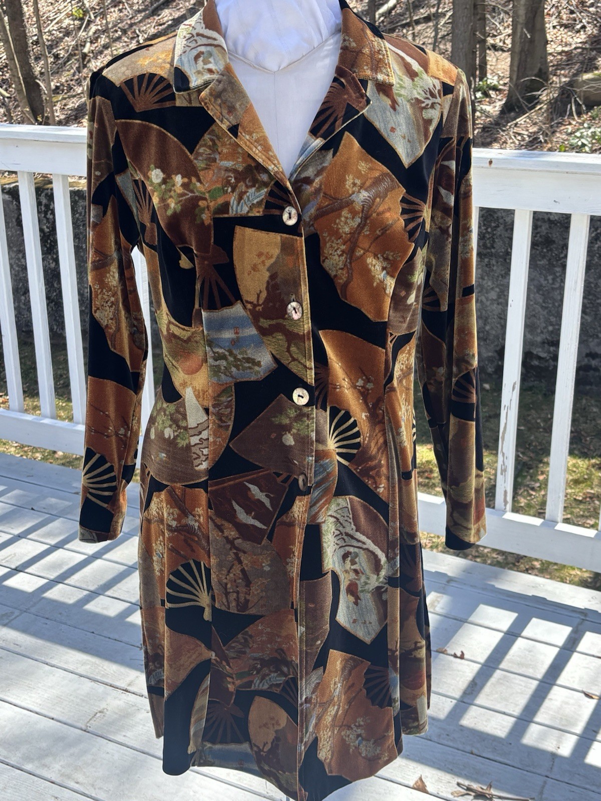 VTG CLIO 1990’s BLACK VELVET / VELOUR FAN PATTERNED DRESS COAT SZ M