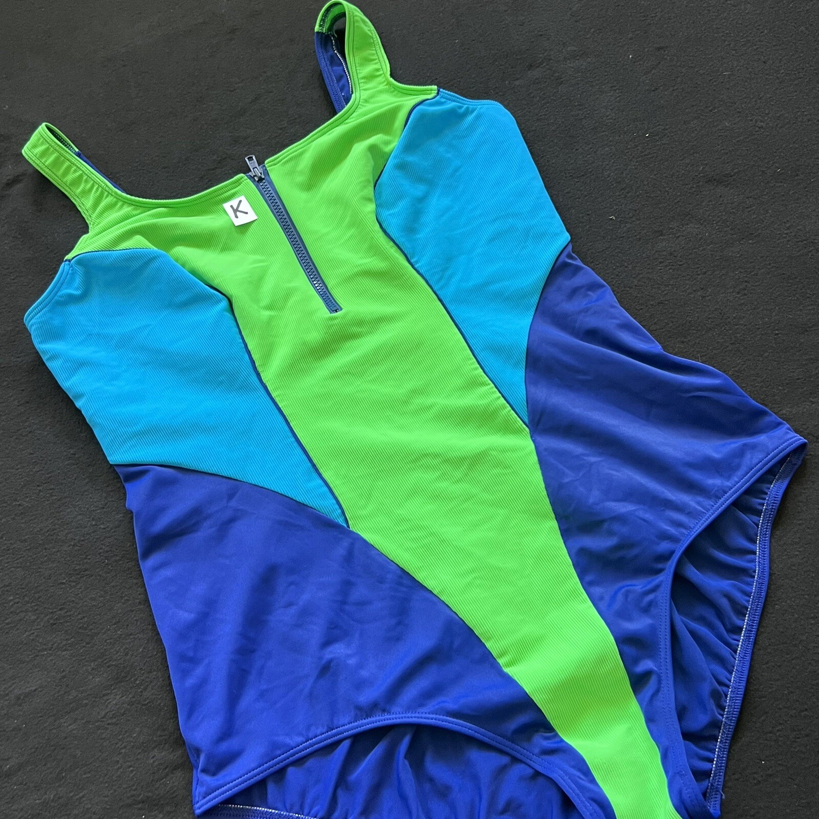 Vintage Christina Zipper Front Colour Block One Piece Swimsuit Size 44-48 W