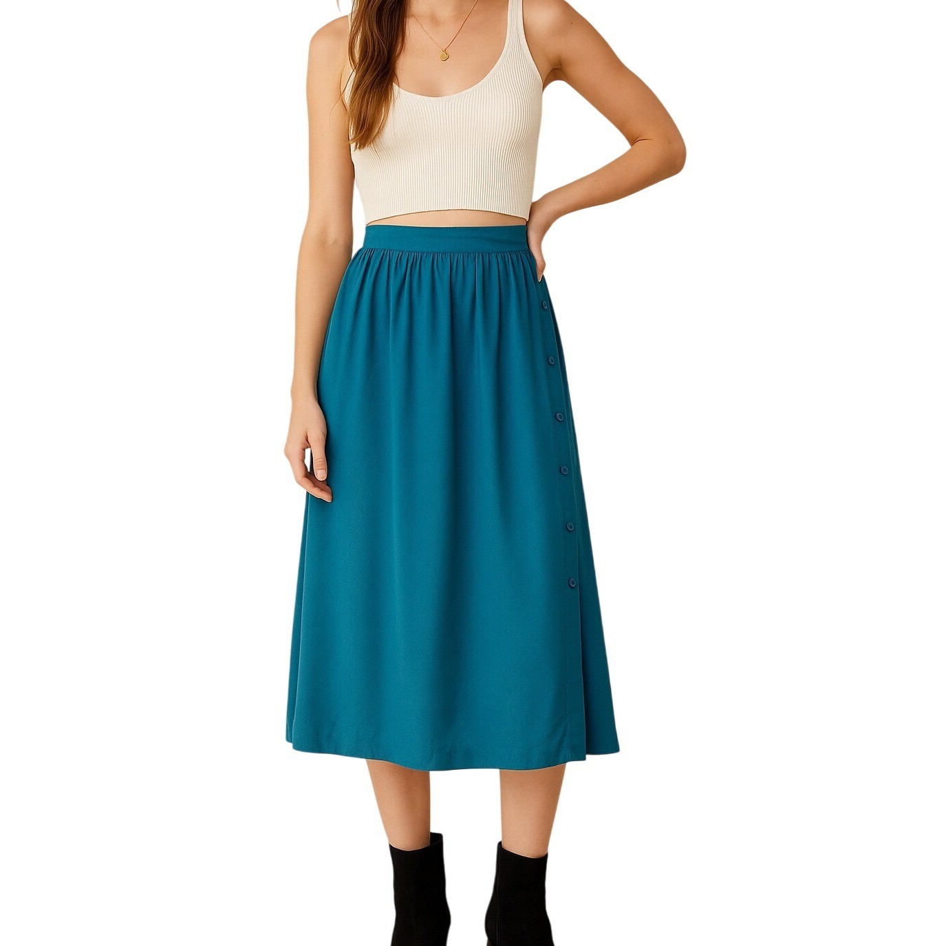 Vintage 80s 90s PBJ Sport Rayon Midi Skirt Teal Blue Size XS Button A-Line